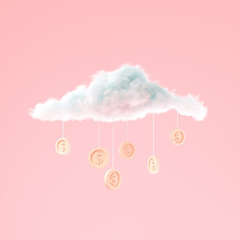 3D illustration Cloud with coins hanging for business and money saving concept, Minimal creative scene 3d render.