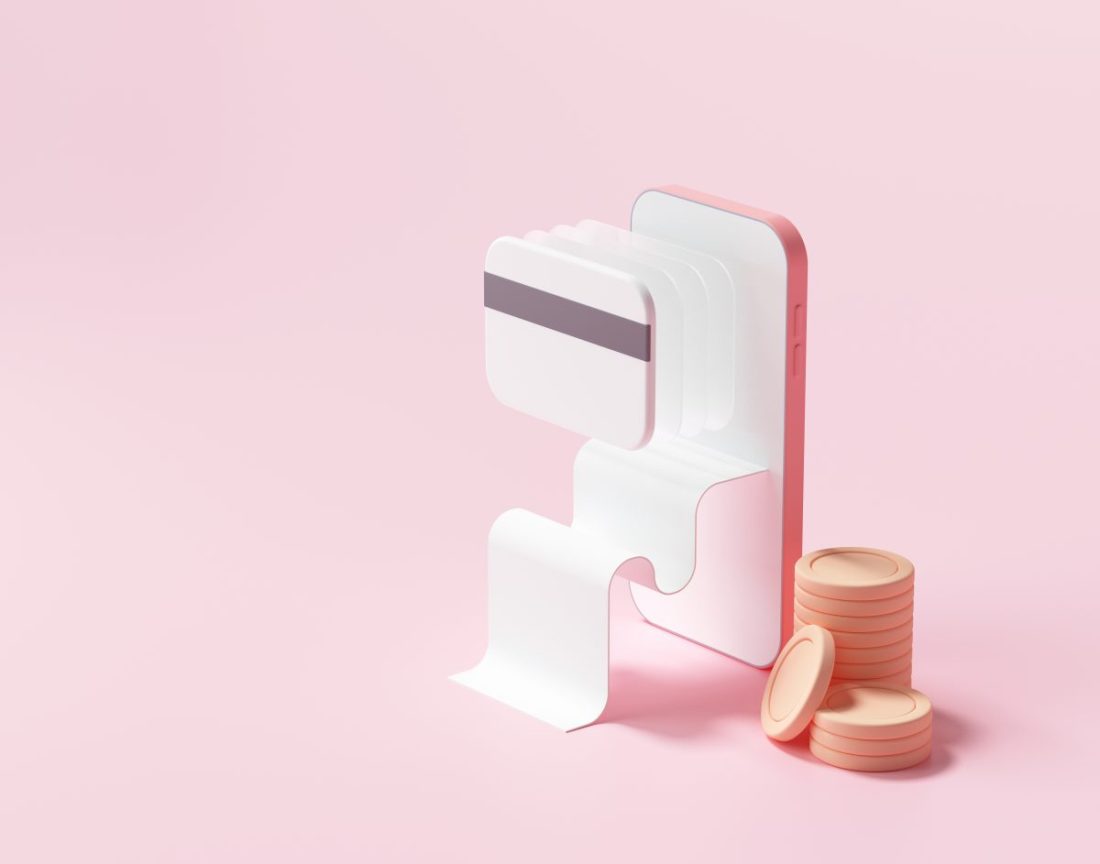 3D rendering payment via credit card concept. Secure online payment transaction with smartphone. Internet banking via credit card on mobile. object floating background.
