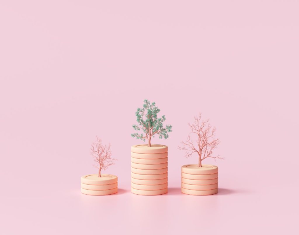 Minimal Coin stacks growing graph with trees on pink background. Growing trees on coin stacks, Business investment and saving money concept. 3d render illustration