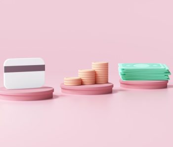 Credit card, coin stack and bundles cash on pink cylinder. online payment concept 3d render illustration