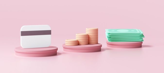Credit card, coin stack and bundles cash on pink cylinder. online payment concept 3d render illustration