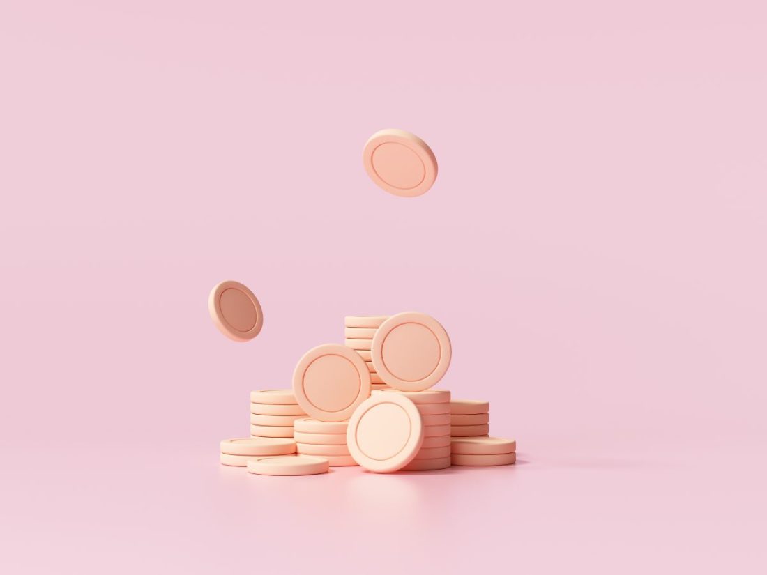 Stacks of coins cryptocurrency on pink background. 3d render illustration