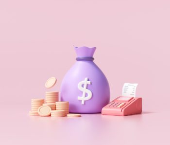Money saving concept. money bag, coin stacks and pos terminal on pink background. 3d render illustration