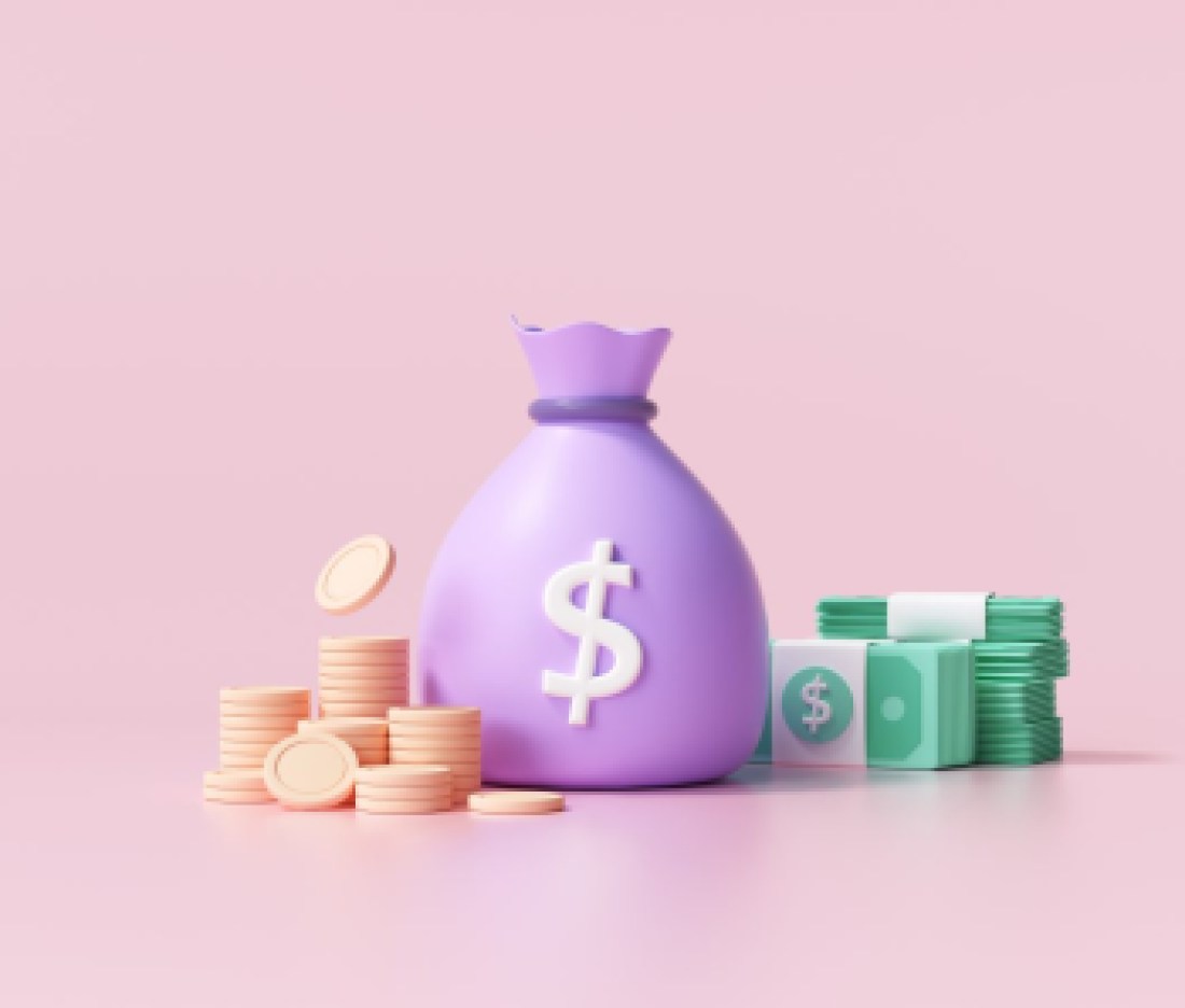 3D Money concept. money bag, coins stack and banknotes. 3d render illustration
