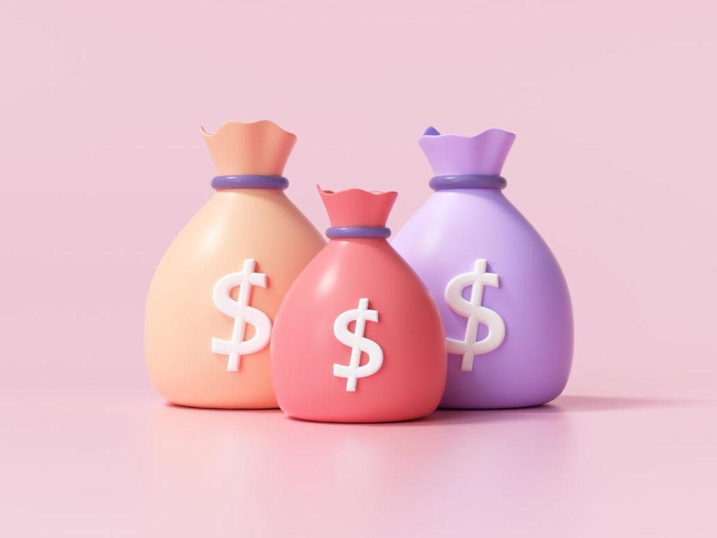 Money bags icon, money saving concept. Difference money bags on pink background. 3d render illustration