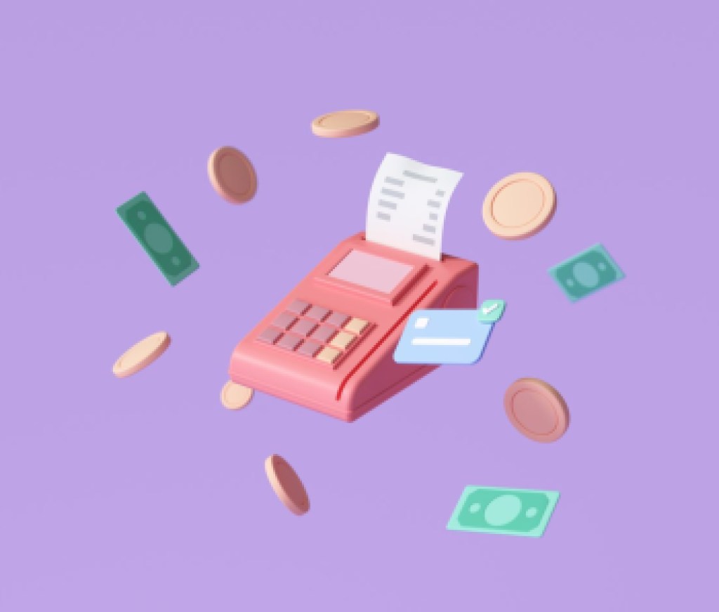 Payment concept credit card, payment terminal and banknotes floating coins around on purple background. money-saving, cashless society. 3d render illustration