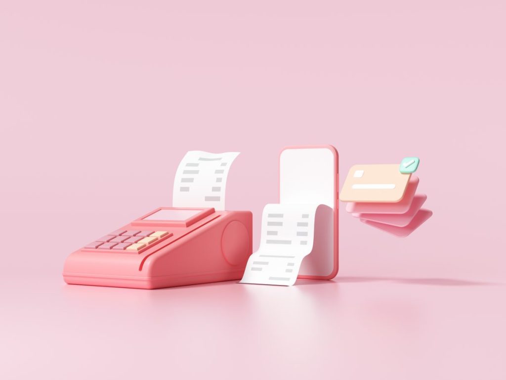 Cashless society, credit card, pos terminal and phone on pink background. money-saving, online payment concept. 3d render illustration