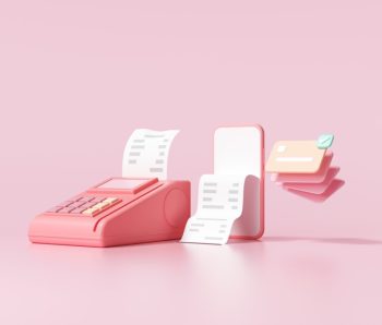 Cashless society, credit card, pos terminal and phone on pink background. money-saving, online payment concept. 3d render illustration