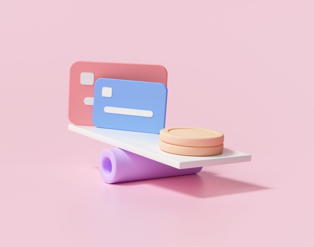 3D Minimal Coins stacks and credit card on weighing scales, financial management, financial analysis, money-saving and money exchange concept. 3d render illustration