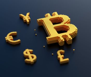 Golden bitcoin, euro, pound, yen symbol with box connection, exchange, cryptocurrency trading and mining concept. 3d render illustration