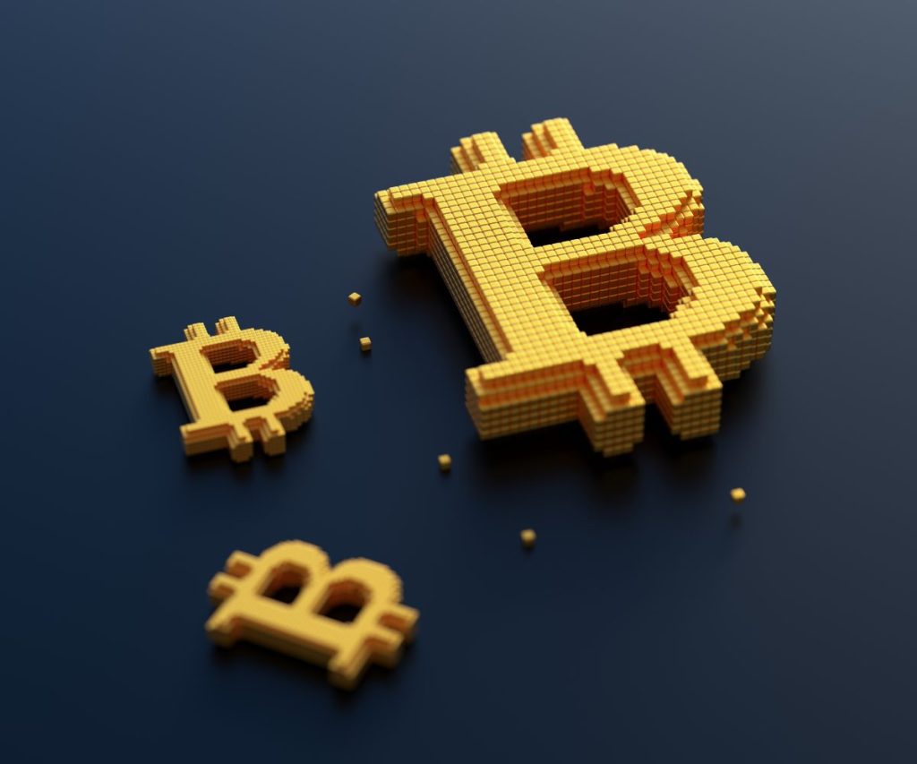 Golden bitcoin symbol with box connection, cryptocurrency trading and mining concept. 3d render illustration