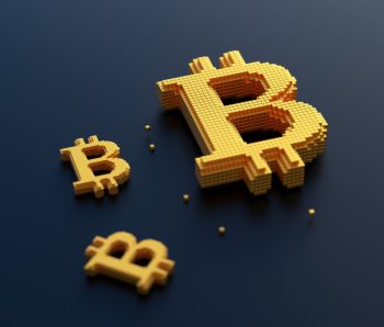 Golden bitcoin symbol with box connection, cryptocurrency trading and mining concept. 3d render illustration
