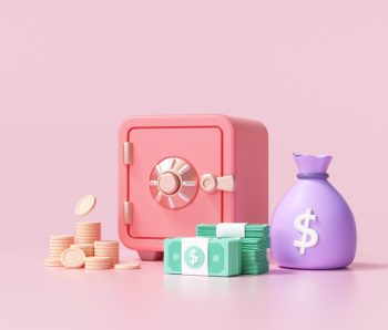 Red Safe box with coins and stacks of dollar cash font view on pink background. 3d render illustration