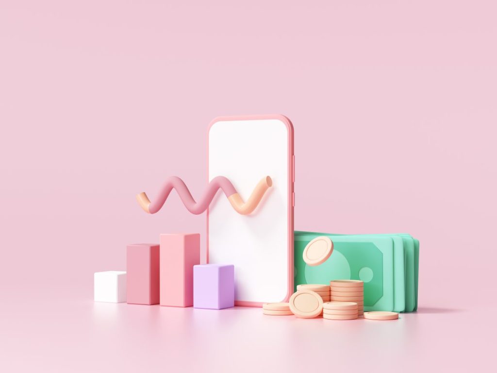 Finance analysis concept. phone with diagram, coins and banknote on pink background, Finance management, Statistic for organization or investment. 3d render illustration