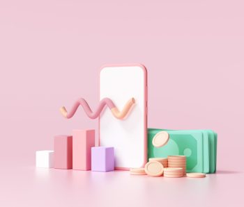 Finance analysis concept. phone with diagram, coins and banknote on pink background, Finance management, Statistic for organization or investment. 3d render illustration