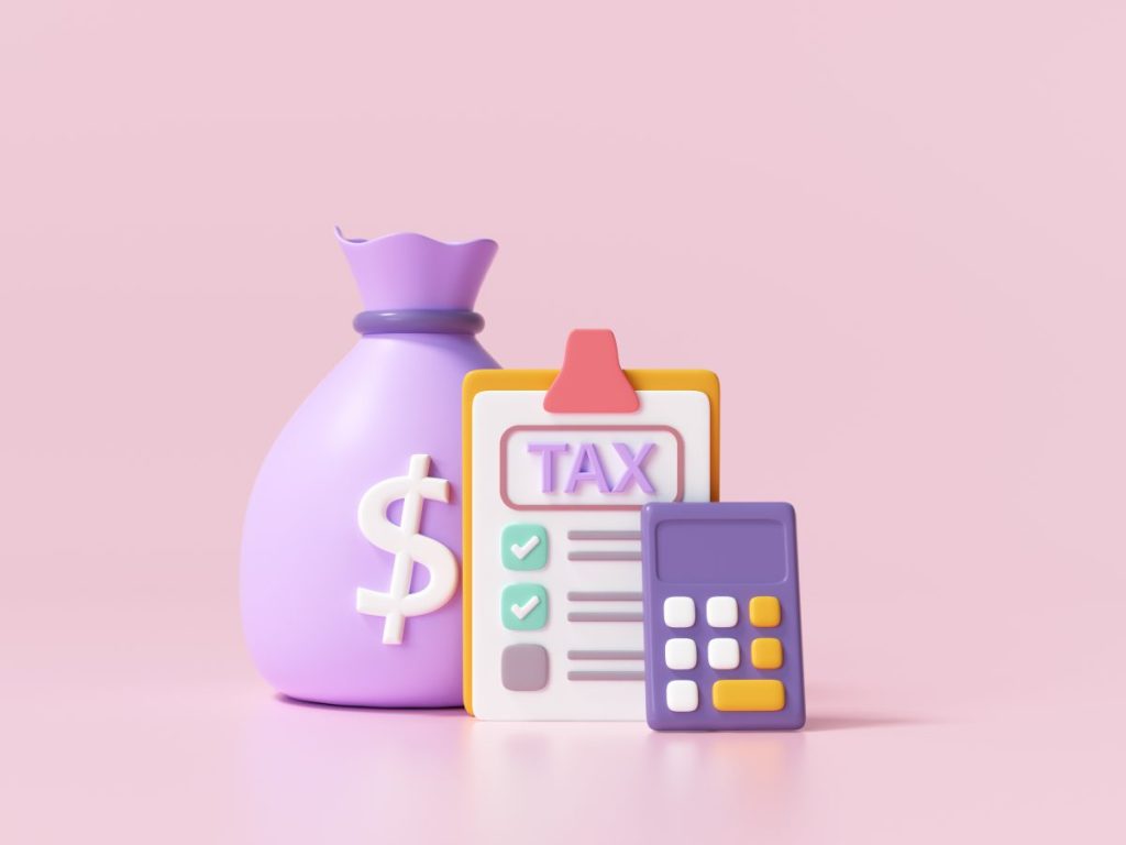 Tax payment and business tax concept. Money bags, calculator and tax form on pink background. 3d render illustration