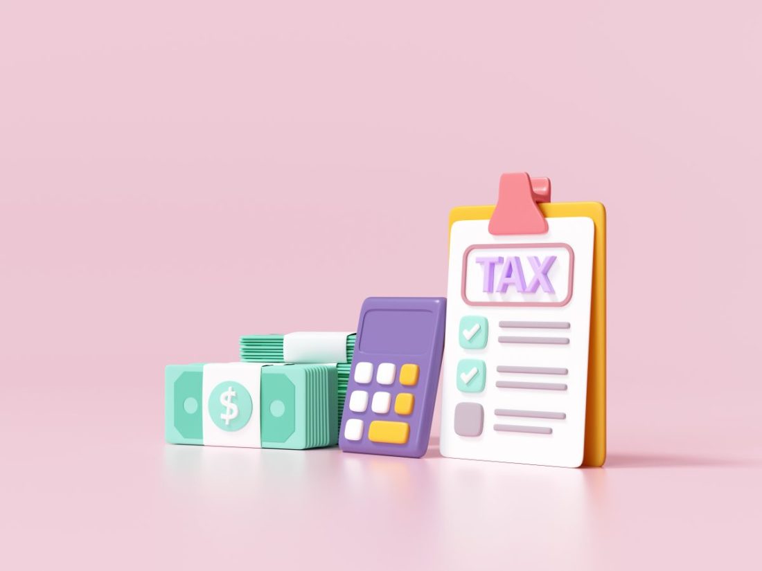 Tax payment and business tax concept. banknote, calculator and tax form on pink background. 3d render illustration