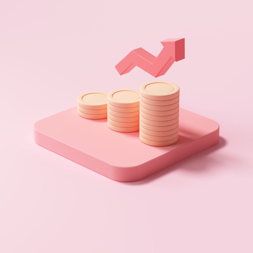 Red up arrow and coin stacks on pink background. Financial success and growth concept. 3d render illustration