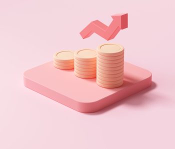 Red up arrow and coin stacks on pink background. Financial success and growth concept. 3d render illustration