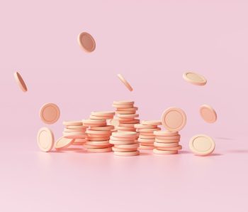 Coin stacks with falling coin on pink background, business investment profit, money saving concept. 3d render illustration.