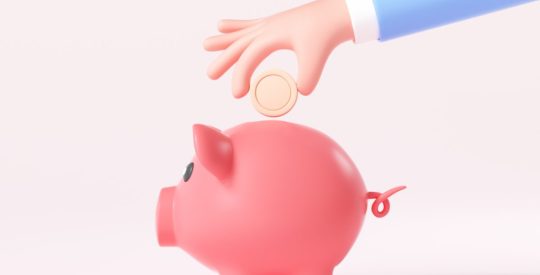 Cartoon Hand putting coin to piggy bank. 3d render illustration