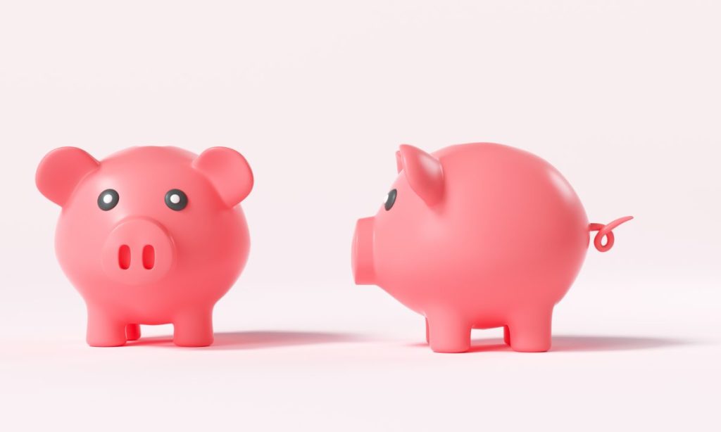 Two pink piggy bank front view and side view on pink background, money-saving concept. 3d render illustration
