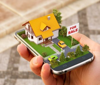 Smartphone application for online searching, buying, selling and booking real estate. Unusual 3D illustration of beautiful house on smart phone in hand