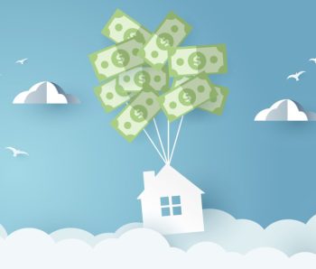 house hanging with money balloon on sky. Paper art